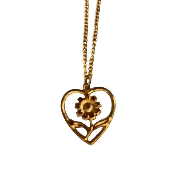 Goldtone Necklace Floral 1" Heart Pendant on 19" Chain Red White - Picture 11 of 13